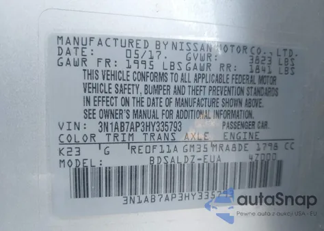 2017 Nissan Sentra Sv z USA, uszkodzony, nr VIN 3N1AB7AP3HY335793